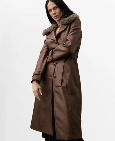 Mango Women's Fur Collar Leather-effect Coat In Brown
