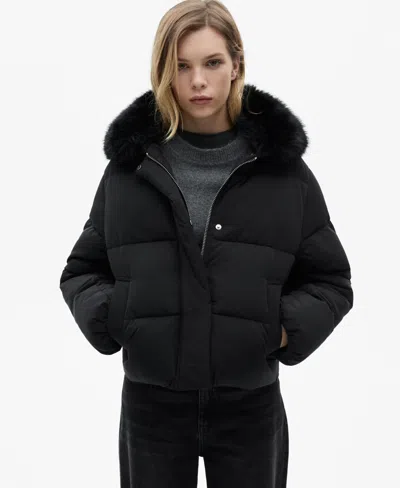 Mango Women's Fur Collar Quilted Coat In Black
