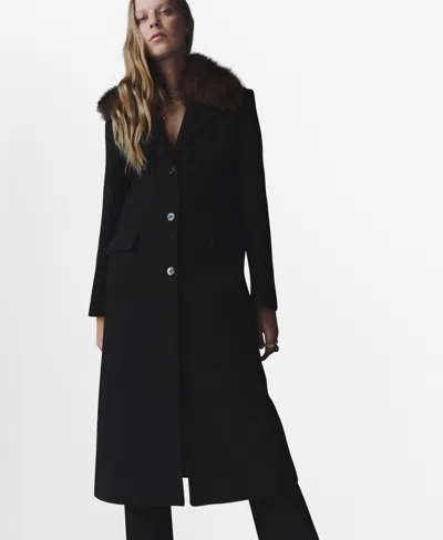 Mango Lips Wool Blend Coat With Faux Fur Collar In Black