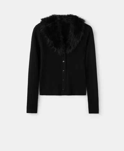 Mango Women's Fur-effect Collar Cardigan In Black
