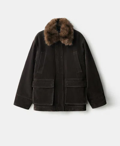 Mango Women's Fur-effect Collar Velvet-finish Parka In Brown