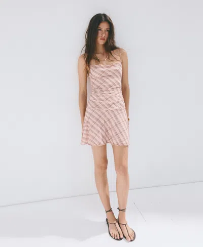Mango Gathered Checked Dress In Pink
