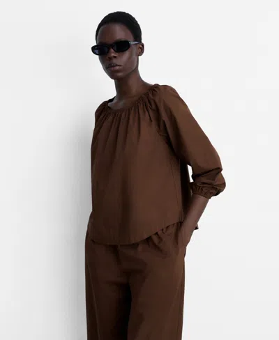 Mango Cotton Blouse With Gathered Neck Brown