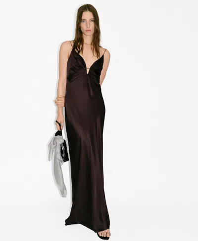 Mango Women's Gathered V-neckline Satin Dress In Brown