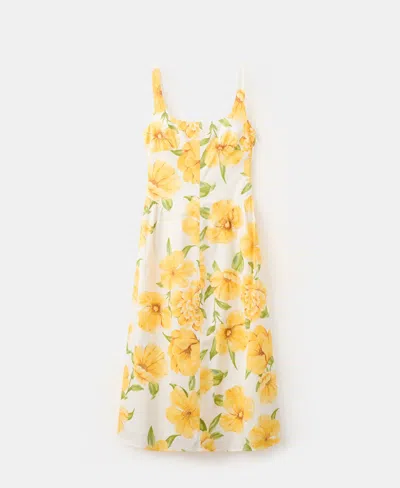 Mango Floral-print Dress With Gathered Waist In Yellow