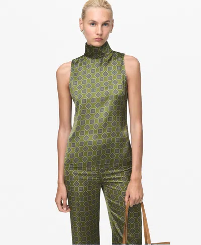 Mango Women's Geometric Print Satin Blouse In Green