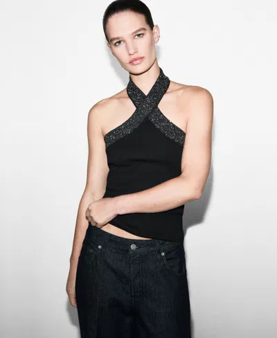 Mango Embellished Halter Top In Black