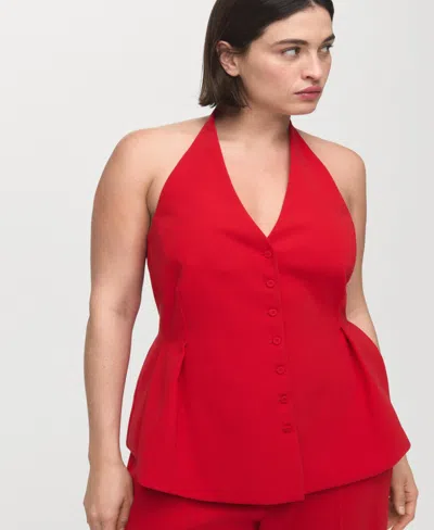 Mango Pleated Halter Peplum Top In Red
