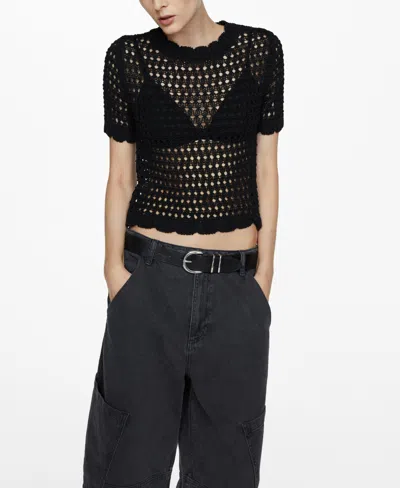 Mango Crochet Knit T-shirt In Black