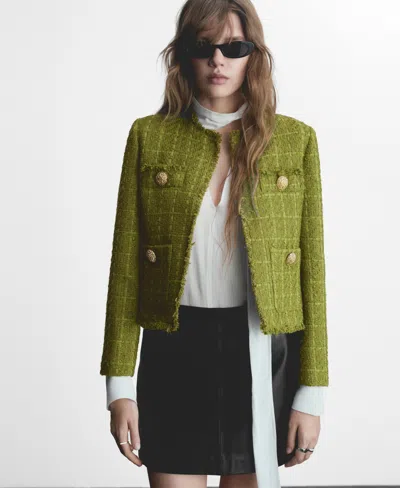 Mango Textured Button Tweed Jacket In Olive Green