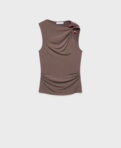 Mango Jewel Detail Ruched Sleeveless Top In Brown