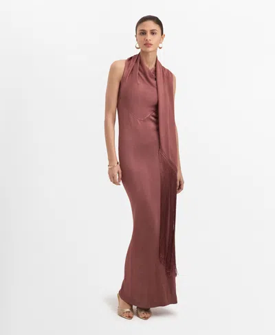 Mango Satin Knit Dress With Scarf In Russet