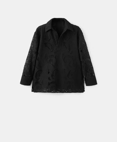 Mango Embroidered Openwork Blouse Black