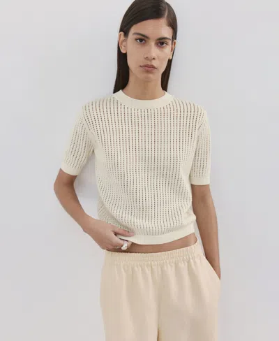 Mango Women's Lace Accents Short-sleeved Knitted Sweater In Ecru