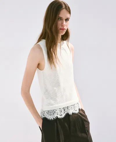 Mango Lace Detail Knit Top In White