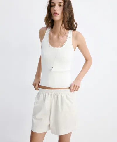 Mango Women's Lace Detail Ribbed Top In White