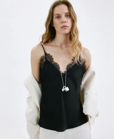 Mango Lace Detail Matte Satin Camsisole In Black