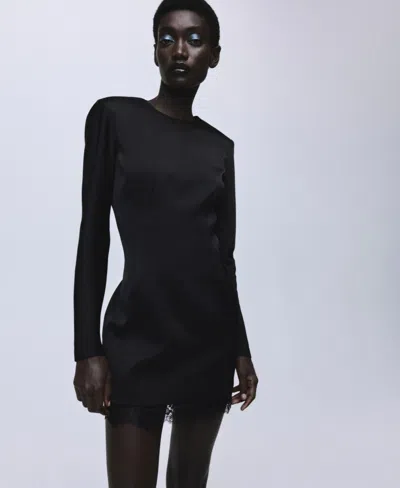 Mango Lace Trim Open Back Long Sleeve Minidress In Black