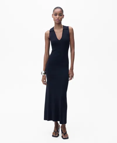 Mango Women's Lapel Knitted Midi Dress In Dark Navy