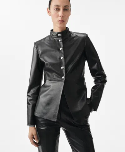 Mango Band Collar Leather Jacket In Black