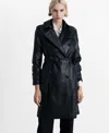 Mango Double Breasted Belted Faux Leather Trench Coat In Black