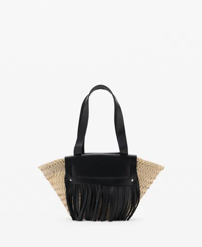 Mango Women's Leather Fringes Natural Fiber Handbag In Black