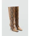 Mango Snake Print Knee High Heeled Boots In Gray In Beige