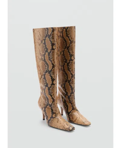 Mango Snake Print Knee High Heeled Boots In Gray In Beige