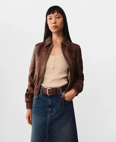 Mango Leather Bomber Jacket In Brown