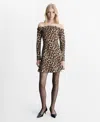 Mango Stark Leopard Print Off The Shoulder Long Sleeve Dress In Brown