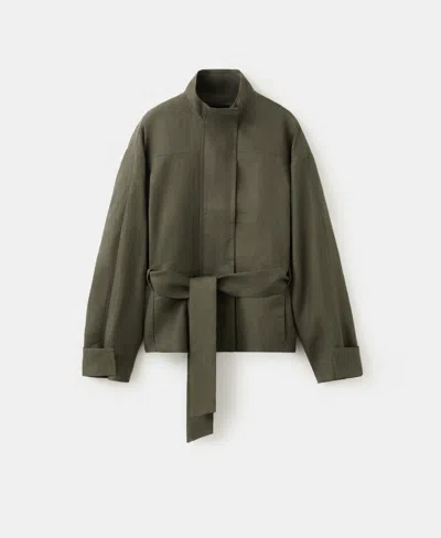 Mango Belted Linen Jacket In Green