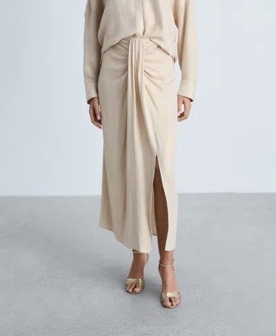 MANGO WOMEN'S LINEN-BLEND DRAPED MIDI SKIRT