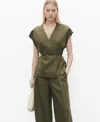 Mango Linen And Lyocell Wrap Top With Bow Khaki In Green