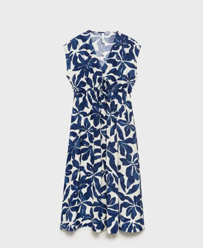 Mango Print Tie Waist Dress In Blue