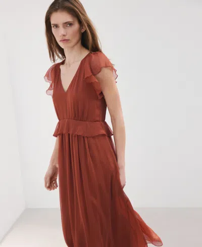 Mango Long Ruffled Dress In Burnt Orange