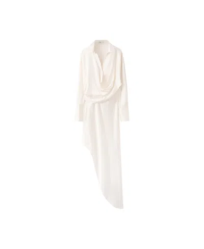 Mango Asymmetric Long Sleeve Satin Maxi Dress In White