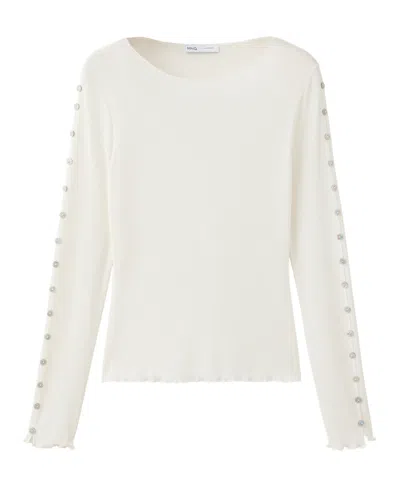 Mango Women's Long-sleeve Boat Neck Decorative-buttons T-shirt In White