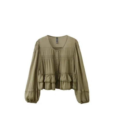 Mango Women's Long-sleeve Ruffled Lace-details Blouse In Green