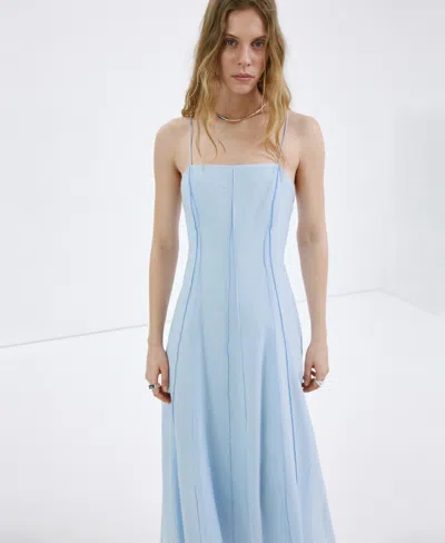 Mango Seam Detail Square Neck Maxi Dress In Blue