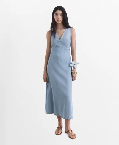 Mango V Neck Soft Denim A Line Midaxi Dress In Bleu Clair