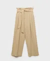 Mango Belted Paperbag Waist Wide Leg Trousers In Nude