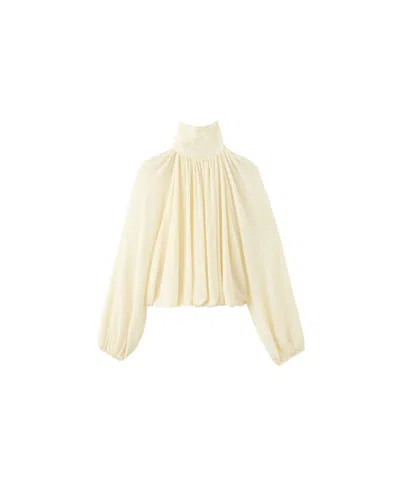 Mango Women's Nube Puffed-sleeve Mock-neck Ruched Blouse In Off White