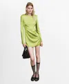 Mango Open Back Long Sleeve Satin Minidress In Green