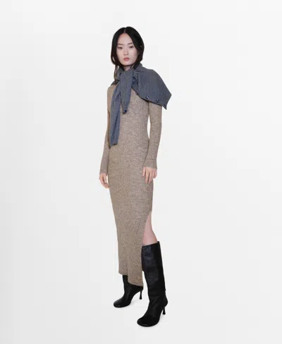 Mango Ribbed Knit Dress With Opening Medium Brown
