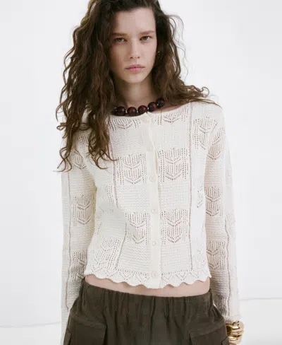 Mango Pointelle Crop Cotton Blend Cardigan In White