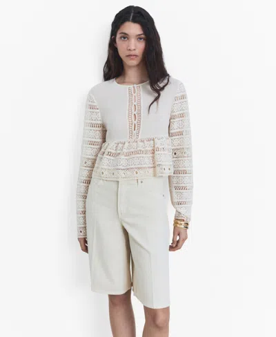 MANGO WOMEN'S OPENWORK DETAILS EMBROIDERED COTTON BLOUSE