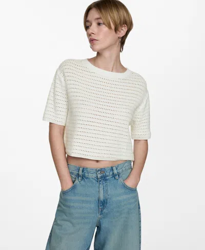 Mango Crochet Short Sleeve Knitted Top In White