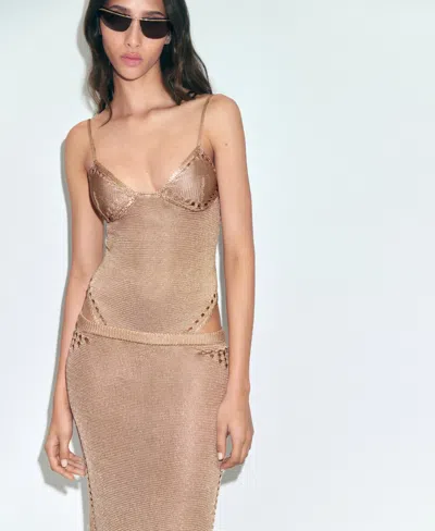 Mango Open Stitch Metallic Bodysuit In Gold
