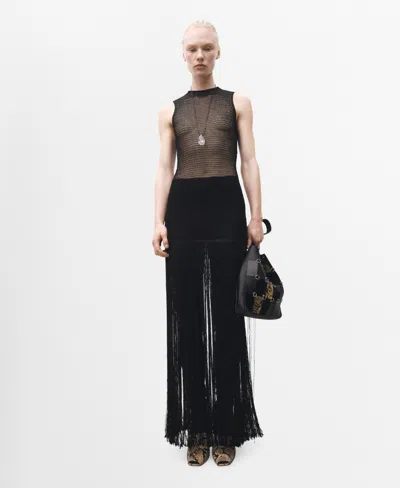 Mango Women's Openwork Fringed Knit Dress In Black