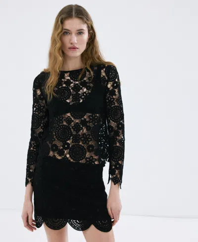 Mango Women's Openwork Knitted Floral Sweater In Black